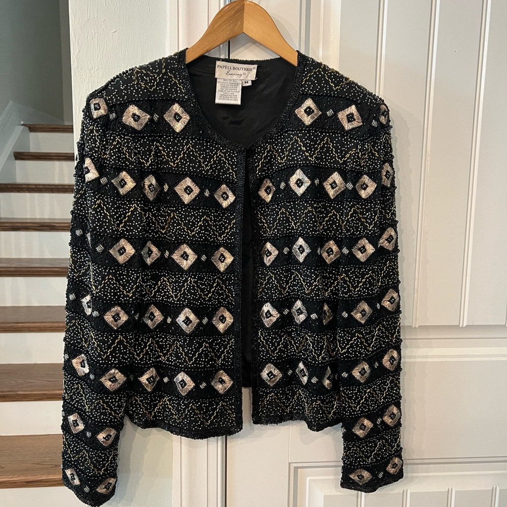 Vtg Vintage Papell Boutique Black Gold Silver Beaded Silk Blazer